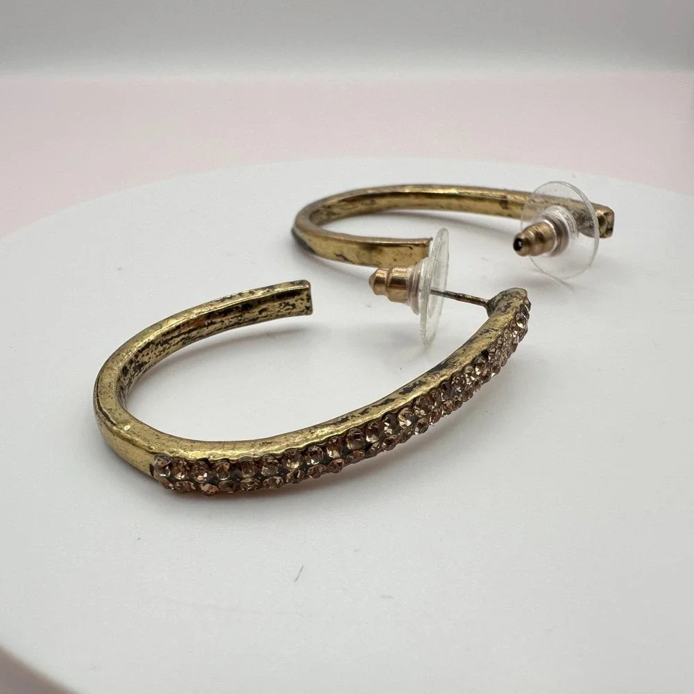 Vintage 90s Gold Tone Oval Hoop Earrings Champagne Glass Accents Style‎ Fashion